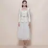 Vestido Cuadrado de Tweed con Botones de Pedrería, Ceñido a la Cintura, Efecto Adelgazante, Vestido Largo de Gasa Plisada con Cinturón Incluido