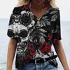 Outlet de Fábrica Camiseta Feminina de Manga Curta com Caveira Camisa Casual, Camiseta Feminina Gola V, Nova Moda