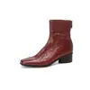 Botas Femininas de Camurça para Primeira Camada com Salto Médio Robusto, Novo Estilo Outono, Couro Genuíno, Bico Quadrado, Zíper Traseiro, Confortáveis, Botas Curtas Vermelhas