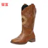 Botas vintage femininas para comércio exterior em estoque 2026 outono e inverno novas botas longas bordadas de salto grosso tamanho grande de comércio exterior europeu e americano