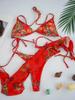 Maiô Feminino com Bojo, Conjunto Biquíni Justo, Conjunto de Três Peças Estilo Coreano com Estampa Vermelha, Estilo Esportivo, Novo Estilo com Cadarços