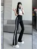 Pantalones de yoga acampanados con franjas laterales para mujer, finos de verano para deportes y fitness, de cintura alta, estilo tiburón acampanado, negros