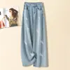 Jeans Rectos Azul Claro Nuevos Primavera/Verano 2026 Moda Mujer Perforado Caliente Estampado Pluma Caída Pantalones Estrechos Pierna Ancha