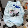 Moletom com Capuz Estampado de Gato Preto Outono/Inverno 2025 para Mulheres Divertido Desenho Animado Americano Letras Tie-Dye Roupas