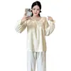 Pijama para mujer con copas en el pecho, primavera y otoño, ribete dulce de encaje, manga larga, pantalón largo, conjunto de ropa de casa de algodón nube, al por mayor