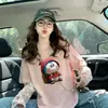 Camiseta de Algodón Puro con Parches de Encaje Floral de Industria Pesada para Mujer, Top Casual Holgado de Longitud Media con Estampado de Gato de Dibujos Animados Moderno y Fresco
