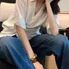 Camisa Social Leve de Manga Curta com Gola Color Sólida Estilosa Redutora de Idade Design de Luxo Leve para Mulheres - Primavera e Outono 2026