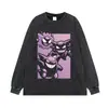 Estampado de anime, camiseta lavada y desgastada, talla grande, estilo vintage, hombros caídos, corte holgado, moderna y genial, unisex, casual de manga corta