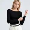 Elegante Camiseta Base de Hombros Caídos para Mujer, Nueva Moda 2026, Camiseta de Manga Larga de Color Sólido, Top Elástico que Ceñe la Cintura