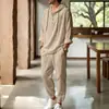 Conjunto de Duas Peças Casual de Praia Masculino Verão 2026 Estilo Americano Algodão Linho com Capuz Cordão Elástico na Cintura Calças Jogger