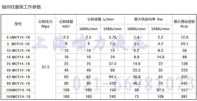 MCY14-1B柱塞泵工作参数表
