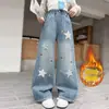 Jeans de pierna ancha con patchwork de estrellas y forro polar, colección otoño/invierno, corte holgado y versátil, estilo hasta el suelo, diseño nuevo, efecto adelgazante, tiro alto