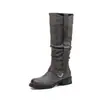Botas de Caballero de Piel de Vaca+Microfibra para Mujer, Botas Largas de Caña Alta, Nuevas de Invierno, Punta Redonda, Tacón Medio, Hebilla, Botas de Tubo Recto Desgastadas, Botas para Mujer