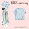 Pantalones de Verano a Cuadros de Pierna Ancha para Niñas 2026 para Niños Medianos y Grandes Dulce Lindo Azul Cuello Redondo Manga Corta Conjunto Versátil