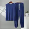 Conjunto de Dos Piezas para Hombre de Modal con Cuello Alto y Pantalones de Linterna, Traje de Casa Casual Delgado Suelto de Verano Tallas Grandes
