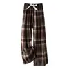 Pantalones de pijama de algodón y seda para casa de verano, longitud de nueve puntos, talla grande, pantalones casuales holgados a cuadros para casa, cómodos 05