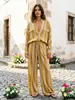 Conjunto de camisa listrada + calça pantalona de cintura alta, fornecimento direto da fábrica, novo conjunto casual de duas peças para primavera-verão feminino para o dia a dia