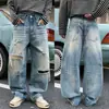 Jeans anchos de estilo callejero retro americano a la moda, lavados y desgastados, sueltos y casuales, de largo completo para hombre