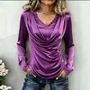 Colección de otoño 2026 nueva, transfronteriza, estilo europeo, americano y asiático: Camiseta de mujer de alta gama, satinada, con botones asimétricos, cuello con volantes, manga larga