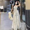 Elegante Vestido de Suspensório Plissado com Decote V Retrô terno tamanho plus size Primavera menina cheinha Vestido Estampado Slim de Alta Qualidade