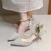 Zapatos de Tacón Alto de Punta Talla Grande Transfronterizos 2025 Nuevo Estilo Hada Hebilla de Perlas con Boca Baja Lentejuelas Moda Stiletto Zapatos de Mujer