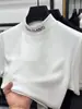 Camiseta de Terciopelo de Manga Corta Doble Cara para Hombre en Otoño e Invierno con Letra Cuello Medio Alto Camiseta Interior Cálida Cepillada Top de Manga Corta