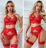 Suprimento Transfronteiriço de Alta Qualidade Europeu e Americano Conjunto de Lingerie Sexy de Renda Vermelha Paixão com Ligas Vazadas