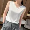 Camisola con escote en V en capas y diseño de empalme, versátil camiseta básica estilo coreano, top liso de acetato satinado para mujer