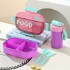 Caja de almuerzo compartimentada simple de acero inoxidable 304 para estudiantes con juego de cubiertos (tenedor y cuchara) y vaso de plástico para almuerzo