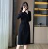 Vestido de punto negro para mujer, primavera nuevo, cintura alta, manga larga, cintura ajustada, sobre la rodilla, suéter básico, falda larga estilo Chanel