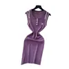 Vestido Tricot Feminino Moda Retrô Celebridade Estilo Fashion Colorido Bordado Gola Polo Sem Manga Afinando a Cintura