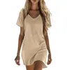 2026 Nuevo Estilo Transfronterizo Europeo y Americano para Mujer Vestido Casual Cómodo de Algodón y Lino de Color Sólido con Mangas Cortas y Cuello en V con Bolsillo