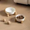 Cuenco de Cerámica Blanca Esmaltada Simple con Forma de Pata de Gato con Base de Bambú, Cuenco Antiderrames para Mascotas, Cuenco para Gatos, Cuenco para Perros, Bebedero para Gatos