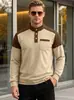 TK Sudadera con Capucha Casual Deportiva para Hombre Waffle Bloque de Color Cuello Henley Europeo y Americano Bolsillo de Parche Manga Larga Americana