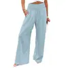 Calças pantalona de cintura alta para mulheres, calças compridas casuais finas e largas de verão, calças estilo férias na praia estampadas de cor sólida