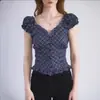 Estilo Francés de Ballet Transfronterizo Retro Y2K Cuadros Volantes Mangas Abullonadas Top Sexy Cuello en V Camiseta Adelgazante
