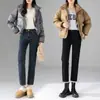 Jeans Rectos Gruesos Forrados de Polar de Cintura Alta para Mujer Otoño e Invierno Sueltos Adelgazantes Forrados Tubo Ahumado Pantalones Exteriores Ajustados