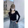 Camiseta de manga larga fina con cuello cuadrado de algodón con hilo, para otoño e invierno, venta al por mayor transfronteriza, ropa interior y exterior corta para mujer, camiseta básica ajustada