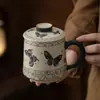 Caneca de Cerâmica Retro Cor Vermelho Flint com Tampa para Escritório em Casa Preparo de Chá Copo para Beber Uso Pessoal Estilo Chinês