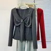 Camiseta de manga larga talla grande para mujer, estilo coreano, diseño elegante, adelgazante y favorecedora, con cintas, adecuada para usar en capas 0791