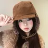 Chapéu de Inverno com Abas de Orelha em Pelúcia e Camurça Retro para Mulheres, Estilo Fashionável de Menina Popular para Ciclismo ao Ar Livre, Chapéu Aviador Quente