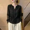 Camisa de luxo sob medida estilo francês de manga longa para mulheres, nova coleção de outono, moderna e chique, acinturada, modeladora, com detalhe de laço, adequada para o trabalho