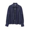 Camisa feminina com nó e manga lanterna com cadarço e laço, outono e inverno 2024, moda europeia e americana, nova camisa jeans