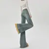 Estilo Nuevo de Otoño, Forma de Cuerpo de Pera Azul, Tallas Grandes, Jeans Acampanados para Mujer, de Cintura Alta, Adelgazantes, con Bordes Deshilachados