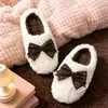 Zapatillas de Algodón para Dormitorio Otoño Invierno Mujer Lazo Dulce Antideslizantes Bloque de Color Cuadros Peludas Silenciosas Ligeras