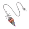 2122-Péndulo de Grava de Cristal Natural Colorida Bronce Plata Oro Resina Símbolo de Siete Chakras Péndulo Hexagonal Cónico
