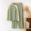 Una generación de pelo con pijama de almohadilla en el pecho para mujer, otoño e invierno, 100% algodón, pantalones de manga larga, jersey, se puede usar fuera de casa, traje de ropa