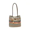 Bolso Cubo Tejido de Rayas Coloridas de Verano Bolso de Mano de Cuero de Gran Capacidad a la Moda para el Trabajo Bolso Tote de Hombro Único