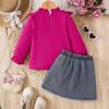 Conjunto de Dos Piezas de Otoño para Niños: Conjunto de Top de Malla para Niña con Cuello Alto, Volantes y Mangas Largas, con Falda de Mezclilla Botonada y Flecos