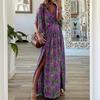 Europeo y Americano Nueva Moda Cuello en V Manga Corta Suelto Bohemio Vacaciones Falda Larga Vestido Floral Estampado